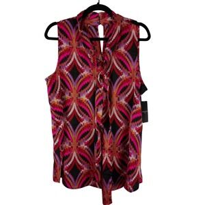 Tahari ASL Womens Bow Neck Blouse Black Rose Geometric Ikat‎ Print TMM012 L NWT